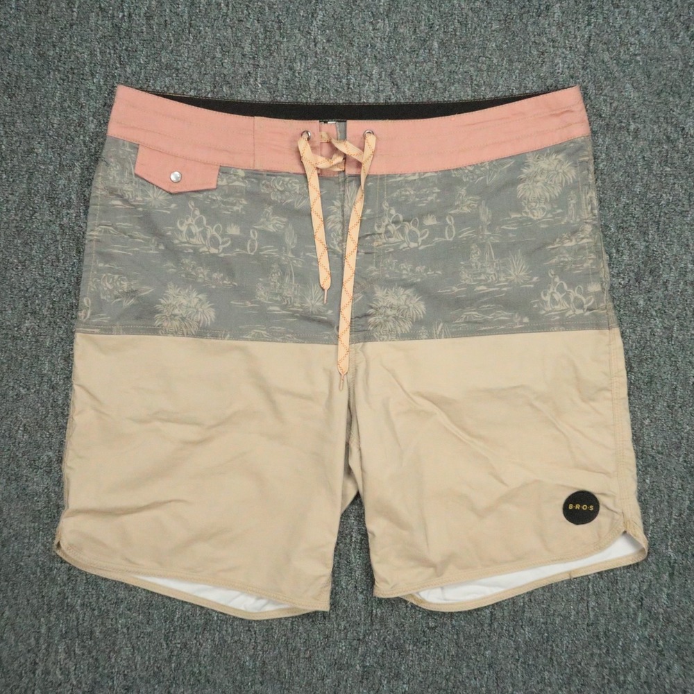 Howler Bros Shorts Men 35 Tan Los Vaqueros Desert Print Snap Pocket Stretch Swim